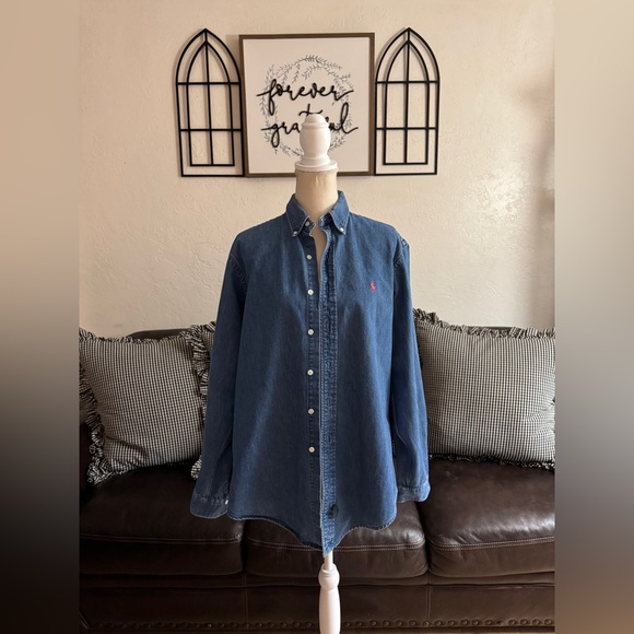 Vintage Ralph Lauren Polo Country Blue Denim Button Down Shirt Size L Red Pony - Picture 3 of 12